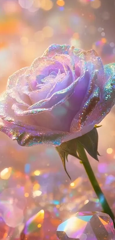 Iridescent rose with crystals and vibrant colors.