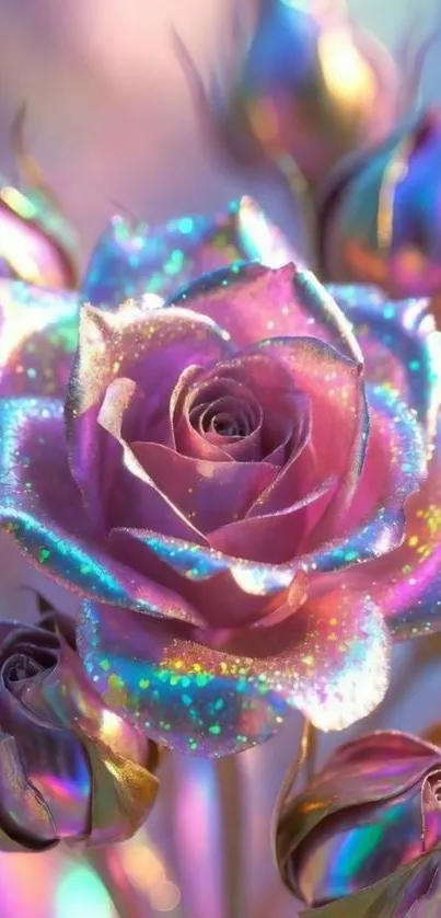 Iridescent rose with glittering petals in vibrant colors.