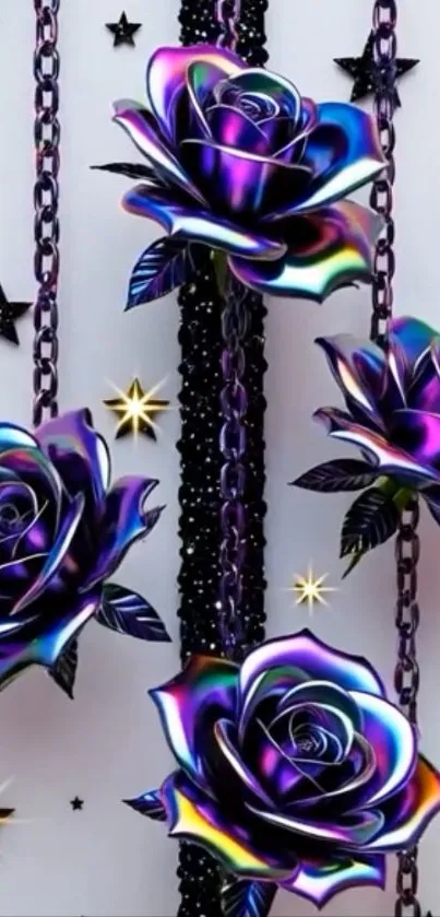 Iridescent roses with stars on wallpaper.