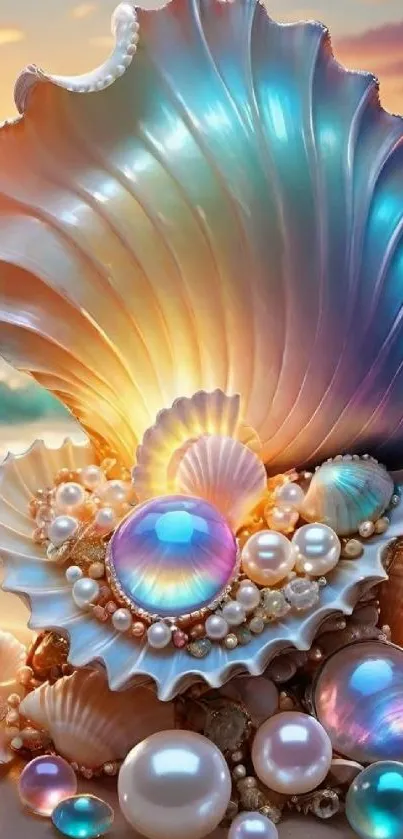 Iridescent seashells and pearls with a sunset backdrop.