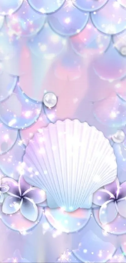 Iridescent seashell wallpaper with pastel colors and shimmering mermaid scales.