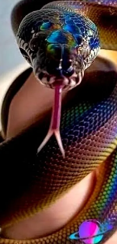 Iridescent snake with vibrant colors coiled in mobile wallpaper.