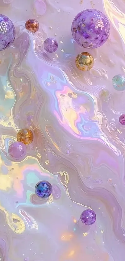 Abstract iridescent wallpaper with colorful spheres floating.