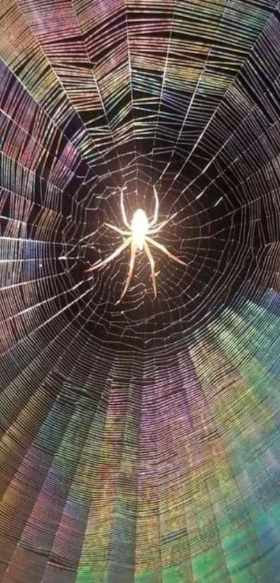 Colorful spider web with iridescent effect on a phone wallpaper.