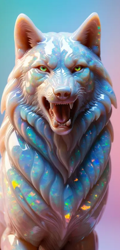 Iridescent wolf with pastel gradient background.