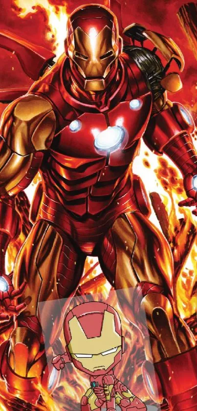 Iron Armor character in fiery background mobile wallpaper.