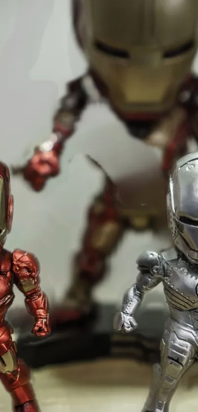 Red and silver Iron Armor figures on display.