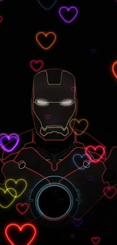 Neon Iron Man with glowing hearts on black.