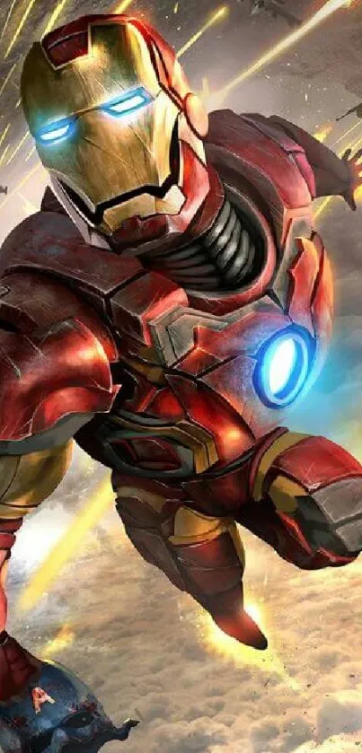 Iron Hero in aerial battle, vibrant red and gold colors.