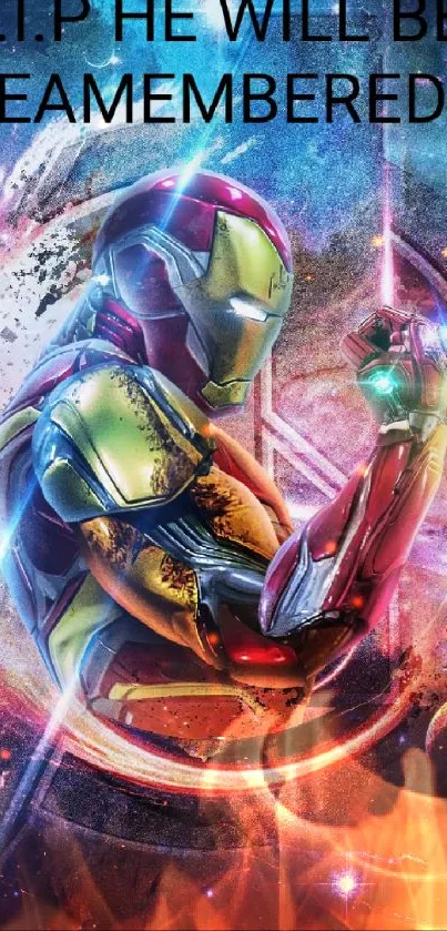 Vibrant cosmic memorial wallpaper of iconic iron hero.