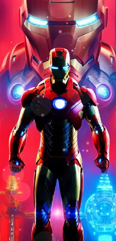 Iron Hero in red armor with a vibrant background wallpaper.