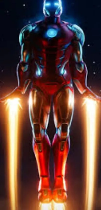 Iron Suited Hero in flight with glowing jets on dark background.