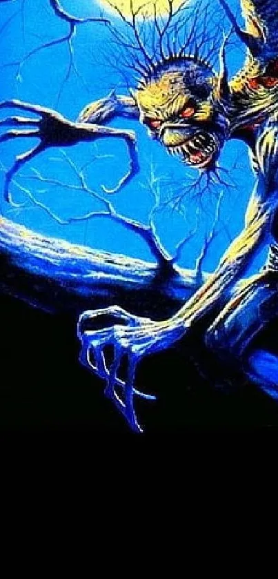 Iron Maiden wallpaper with vivid blue art and bold band logo on black background.