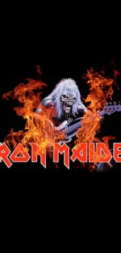 Iron Maiden wallpaper with flames and band imagery on a black background.