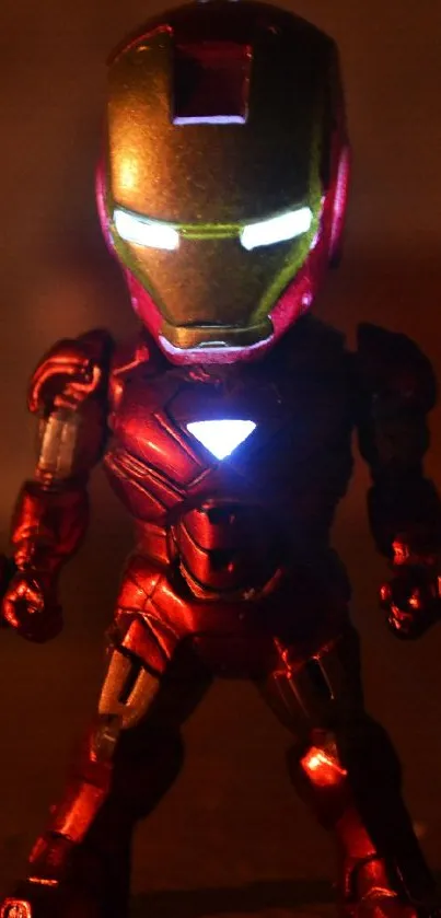 Vibrant Iron Man action figure with glowing lights on dark background.
