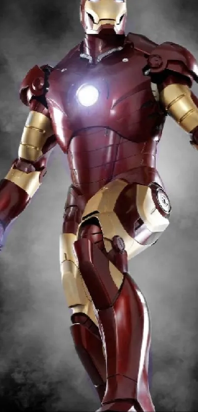 Iron Man in iconic red and gold armor with glowing chest piece.