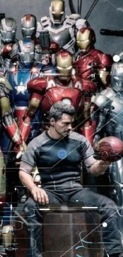 Iron Man armors with Tony Stark in center.