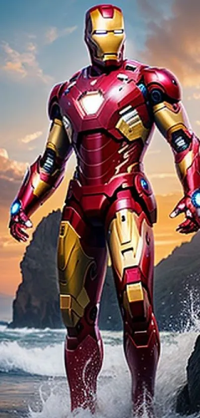 Iron Man stands heroically by the sea at dawn.