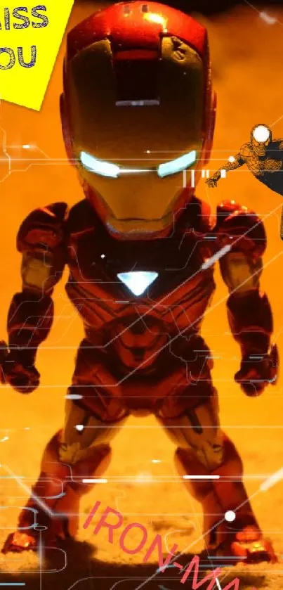 Iron Man figure glowing in desert with 'I miss you' text.