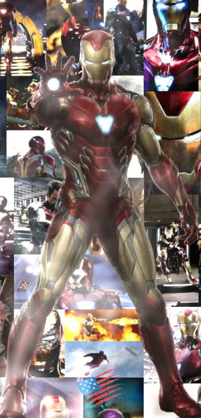 Iron Man collage with iconic scenes and vivid colors.