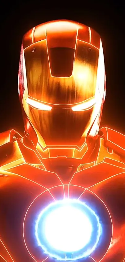 Iron Man glowing in red and gold, vibrant mobile wallpaper.