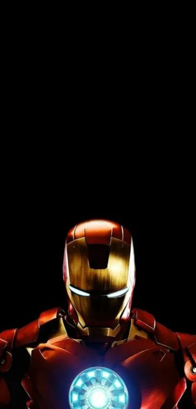 Iron Man in red and gold armor on black background mobile wallpaper.