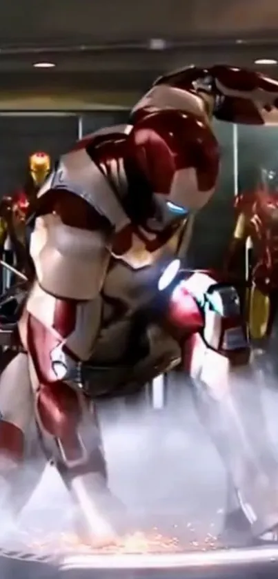 Iron Man striking a powerful pose in a high-tech suit with red armor