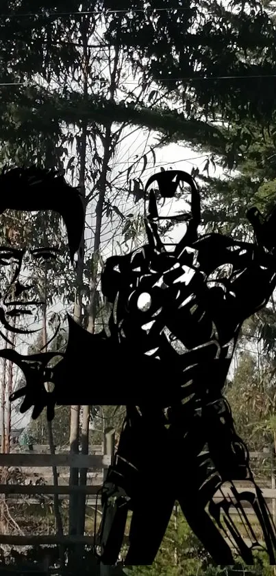 Silhouette of futuristic suit and face over a forest background.