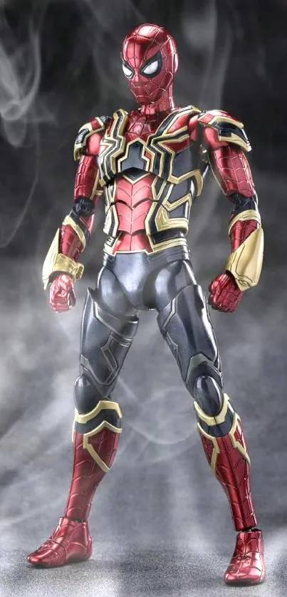 Iron Spider superhero in red armor stands ready.