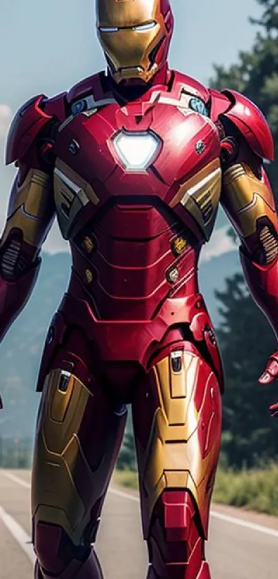 Iron superhero in red and gold armor on a scenic path background.