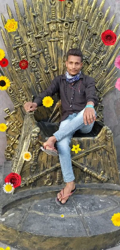 Person sitting on a gold Iron Throne-style chair outside.