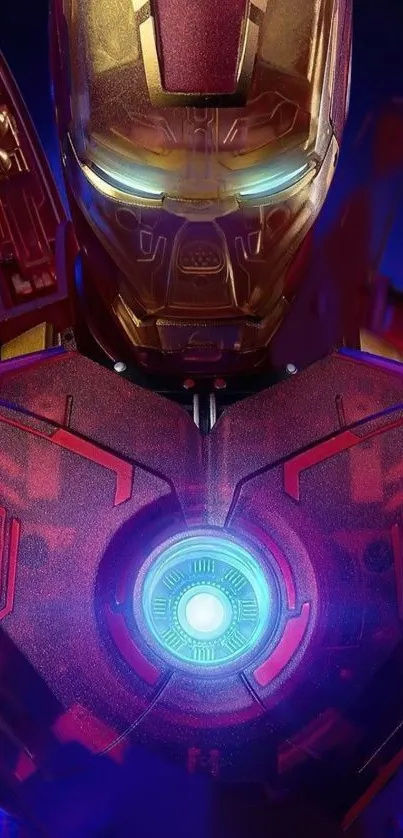 Iron Warrior in red and gold armor with glowing arc reactor wallpaper.