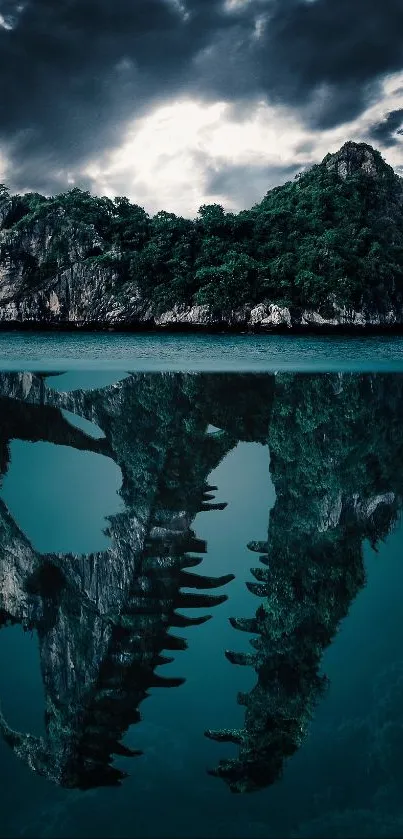 Island and skull reflection in teal waters, creating a mysterious scene.