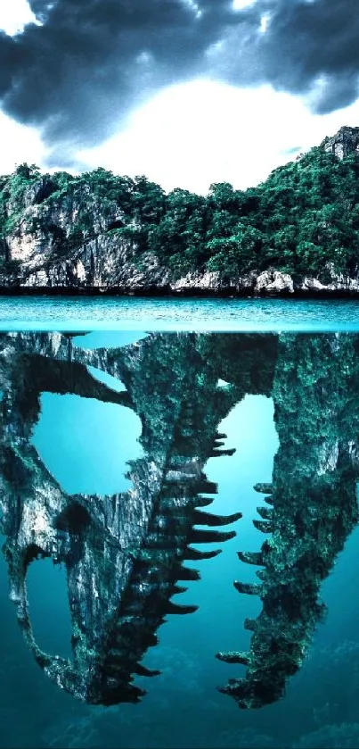 Island reflection with dinosaur skull underwater in vibrant teal hues.