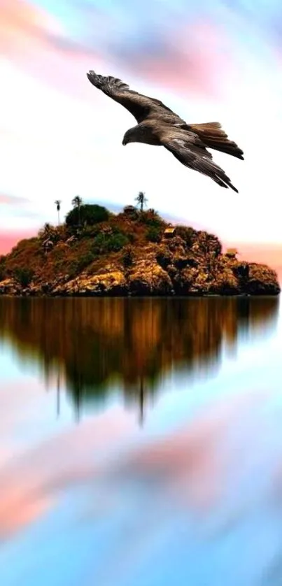 Eagle soaring over a tranquil island with stunning water reflection.