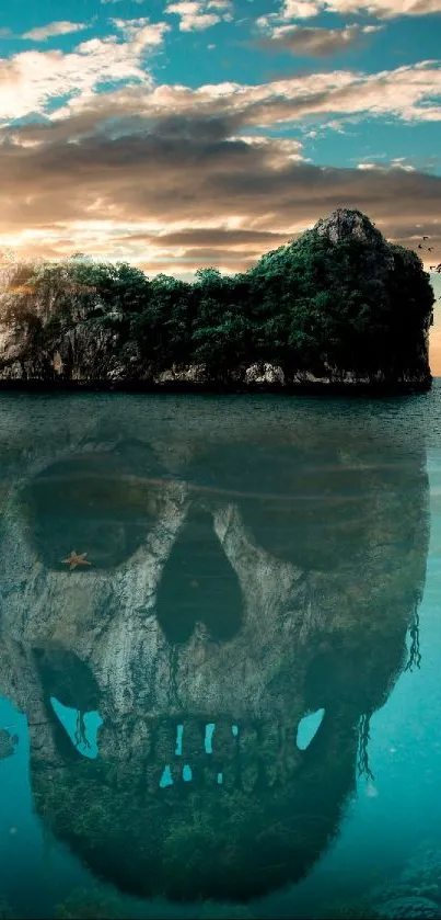 Island with a skull reflection in calm ocean at sunset.