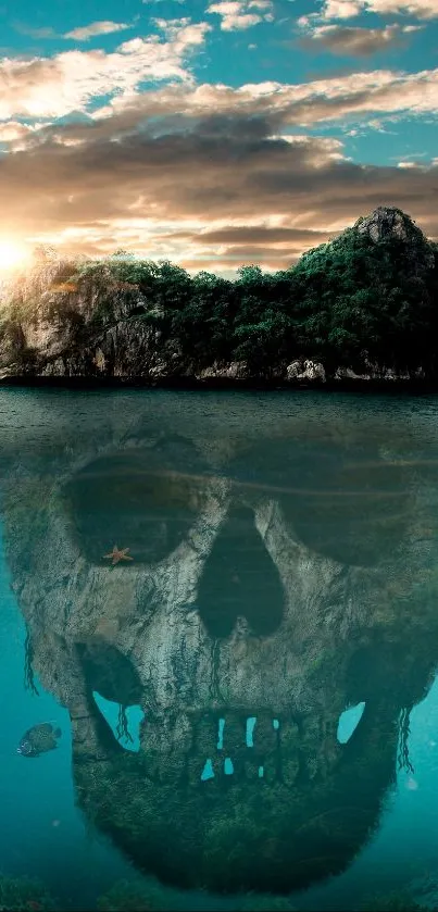 Mysterious island with skull reflection in ocean.