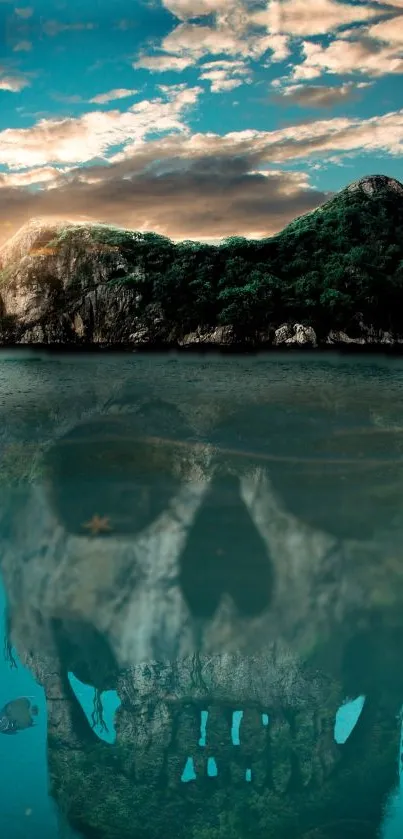 A mysterious island with a skull reflection on turquoise waters under a dramatic sky.