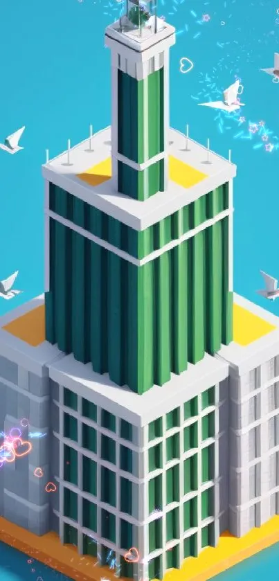 Isometric city tower with green facade and birds against a blue sky.