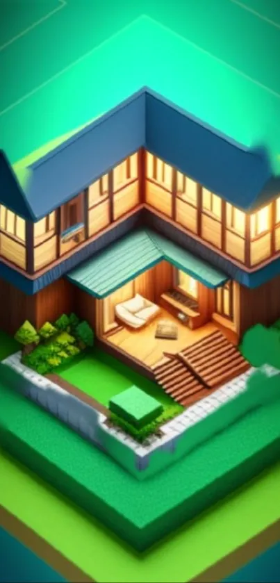 Isometric house with neon lighting, vibrant design.