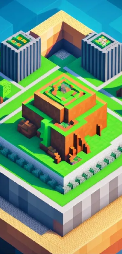 Isometric pixel art landscape with blocky structures.