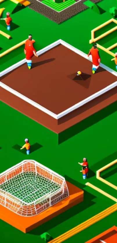 Isometric soccer field wallpaper with vibrant colors and geometric shapes.