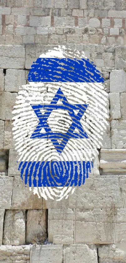 Israeli flag fingerprint on Jerusalem stone wall.