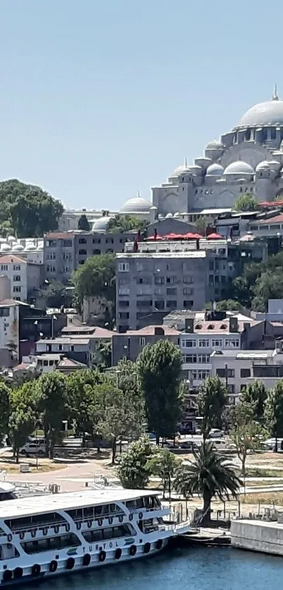 Istanbul cityscape with mosque and waterfront view.