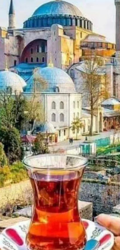 Istanbul skyline with tea glass and Hagia Sophia mosque in the background.