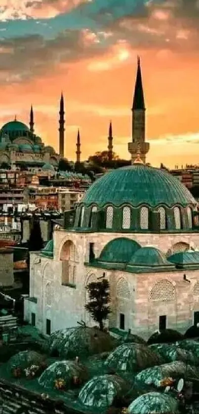 Istanbul skyline with sunset hues and historic architecture.