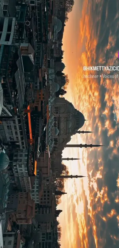 Istanbul skyline at sunset with vibrant orange sky and silhouetted landmarks.