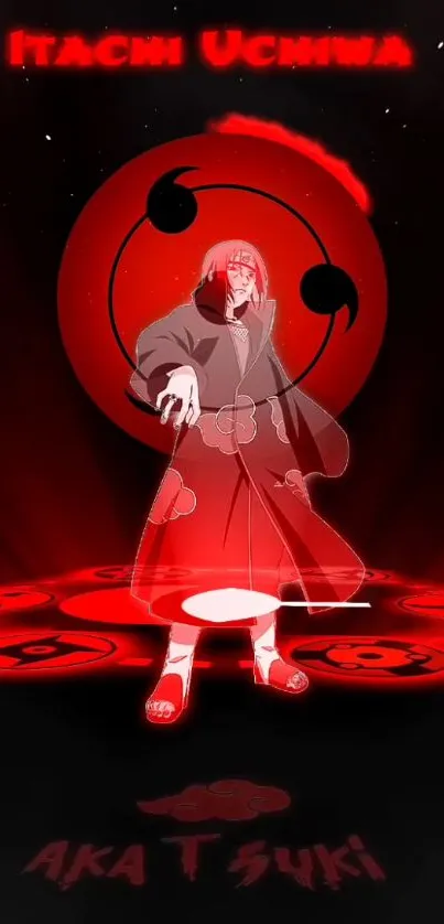 Itachi Uchiha in red-themed anime wallpaper.