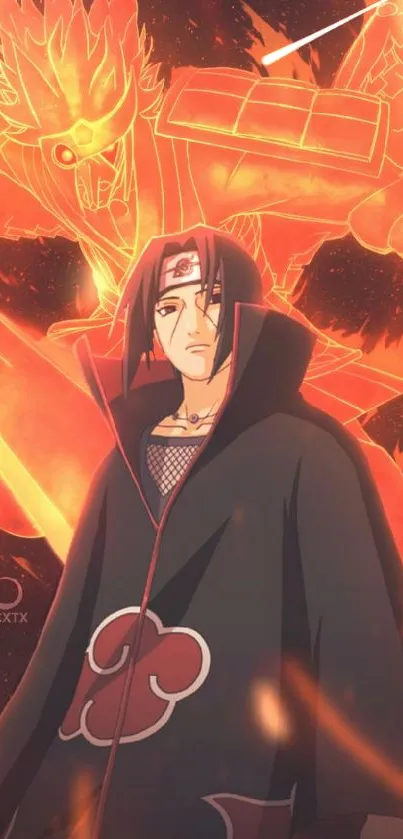 Itachi Uchiha in fiery anime art wallpaper.