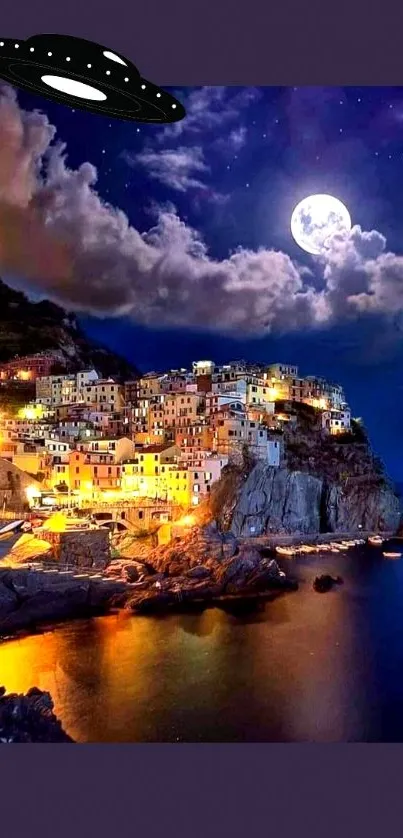 Italian coastal village under moonlight with UFO, perfect for mobile wallpaper.